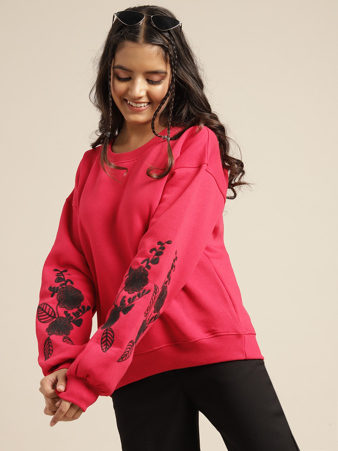 

Sangria Girls Red Solid Round Neck Sweatshirt with Embroidered Sleeves