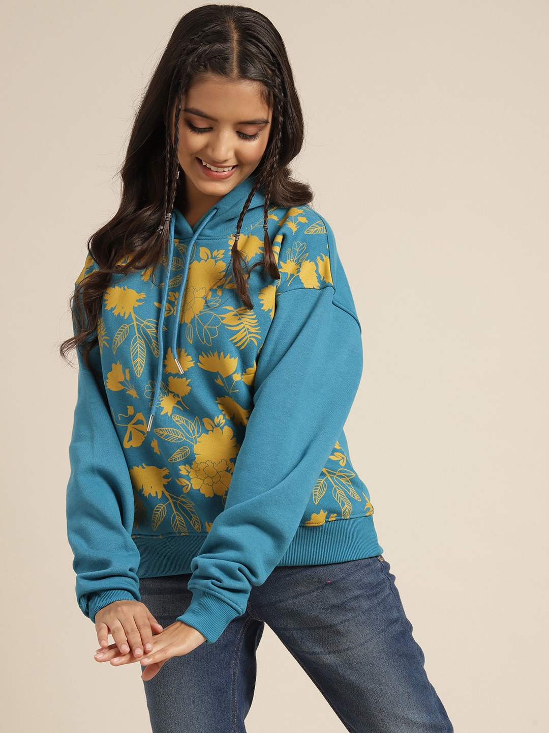 

Sangria Girls Blue & Yellow Floral Printed Hooded Sweatshirt
