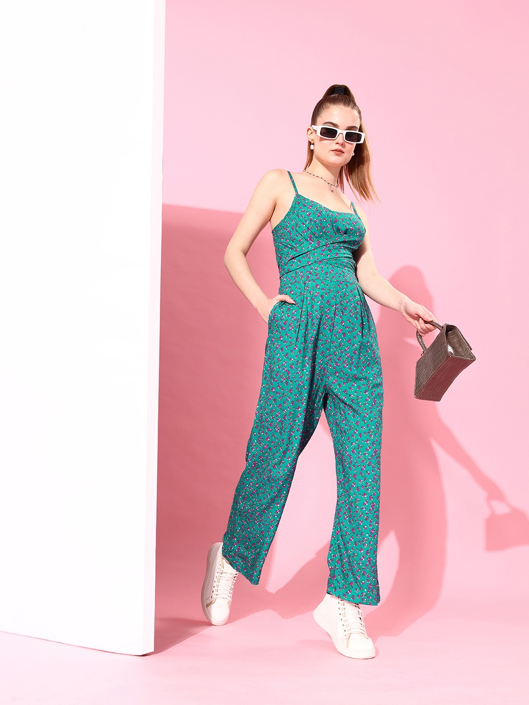 

People Women Tranquil Teal Printed Wrap it Up Jumpsuit
