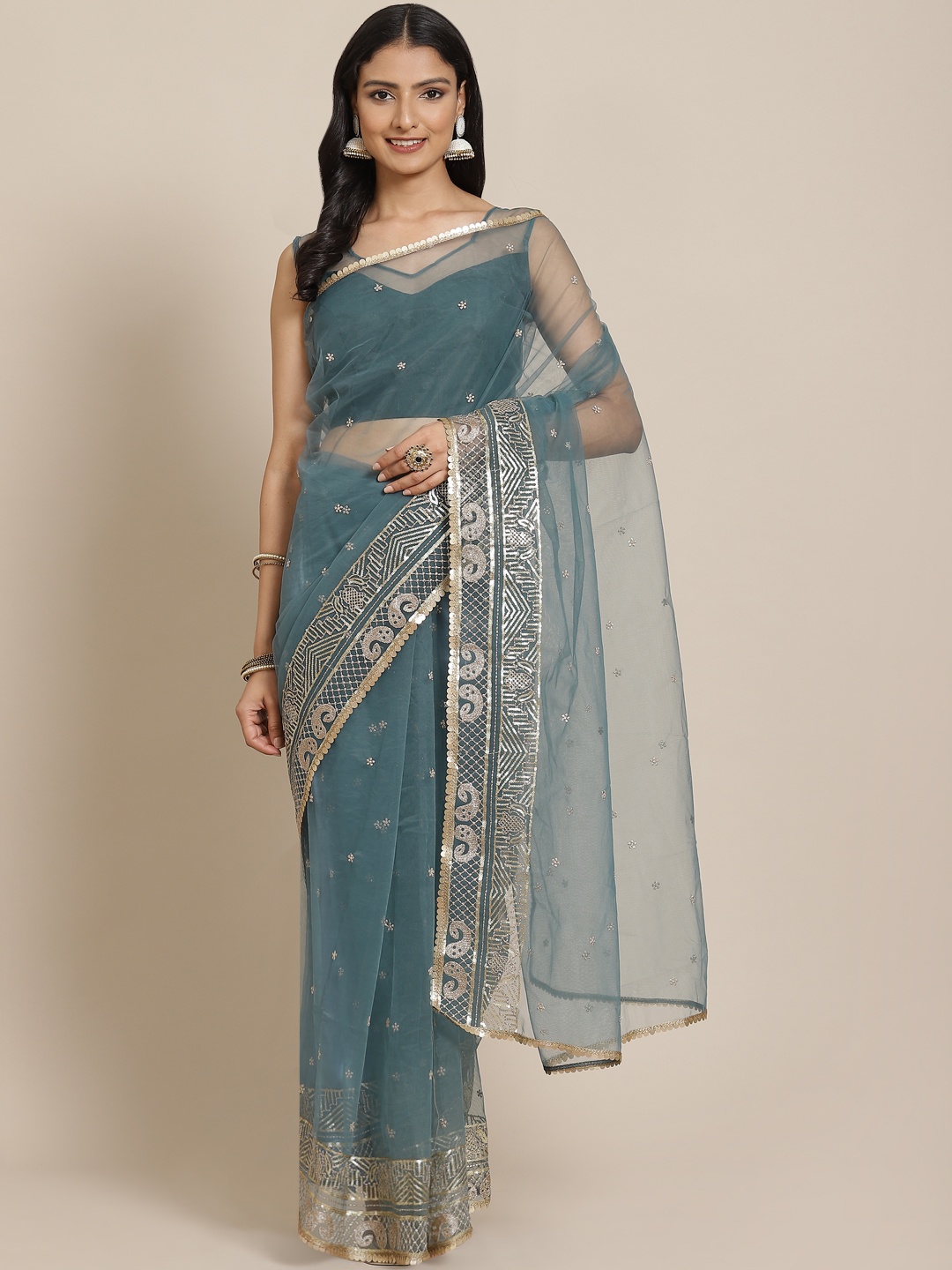 

heemara Teal Green & Golden Ethnic Motifs Sequinned Net Saree