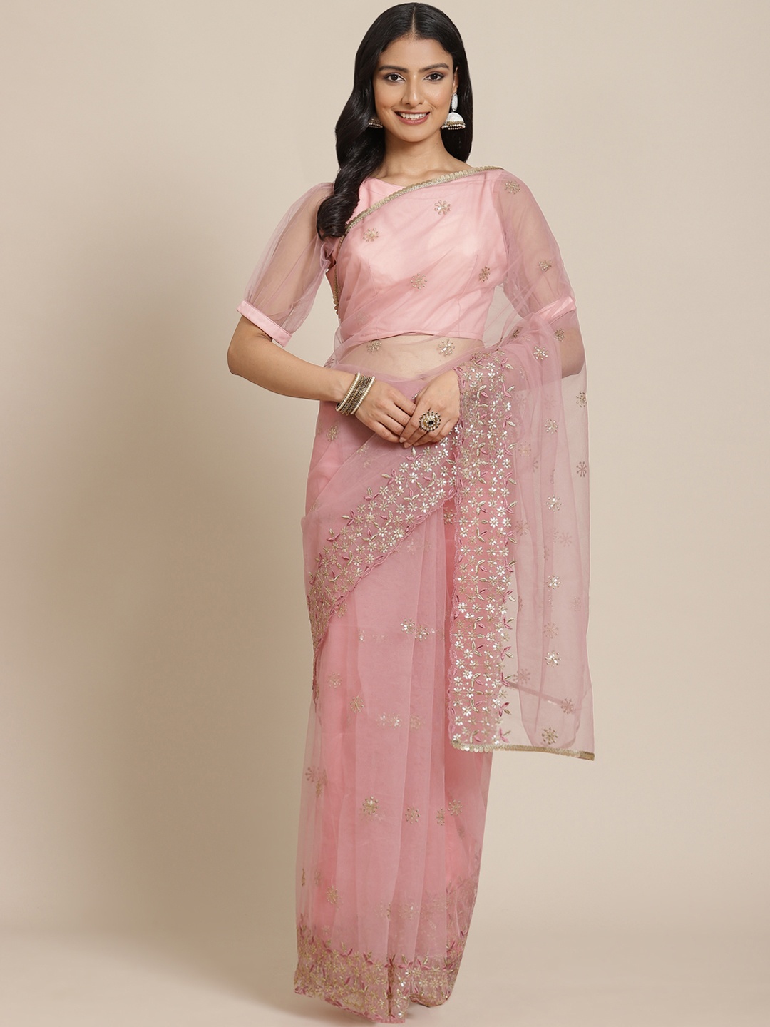 

heemara Pink & Golden Embellished Sequinned Net Saree