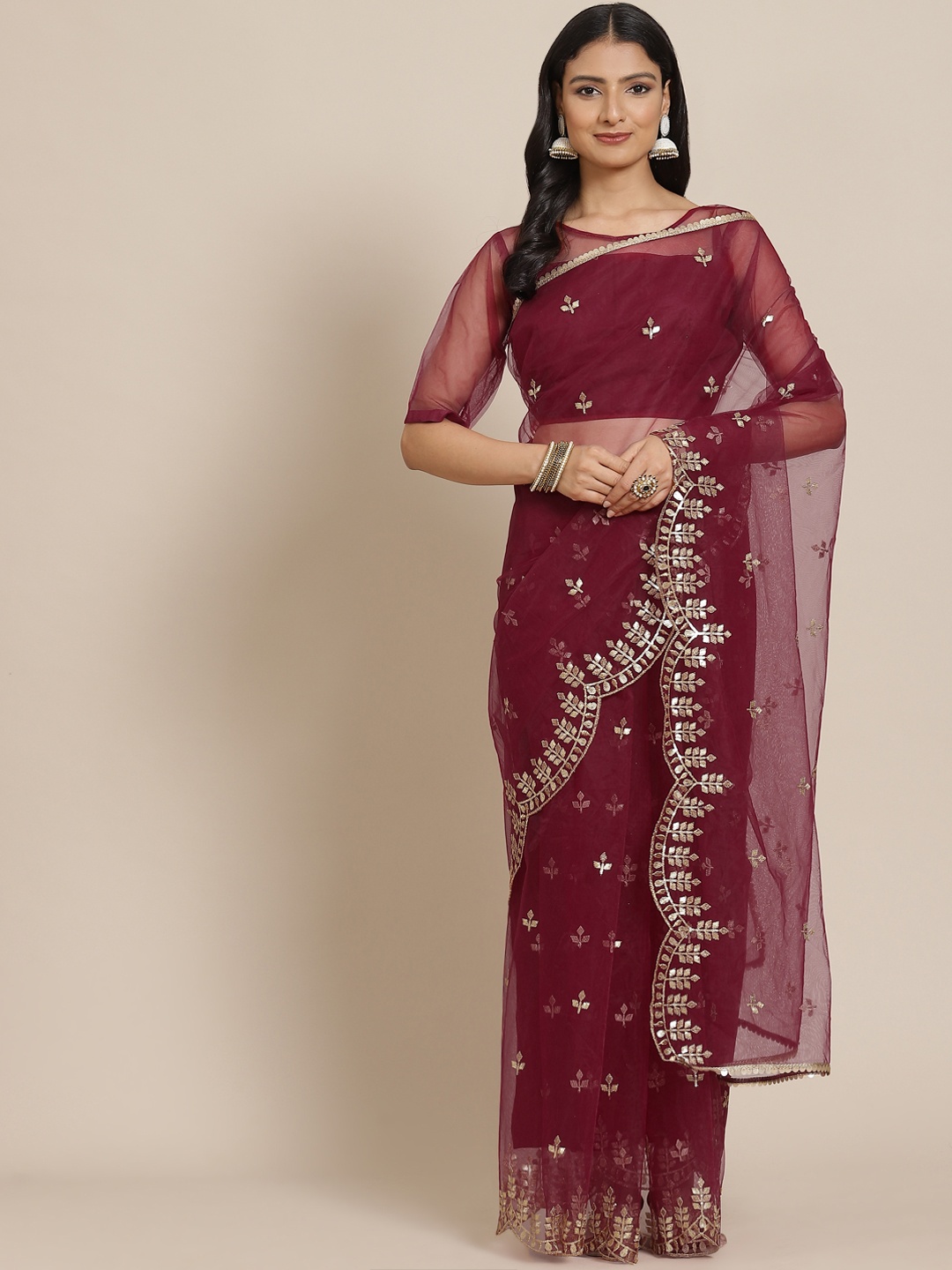

heemara Maroon & Golden Embellished Sequinned Net Saree