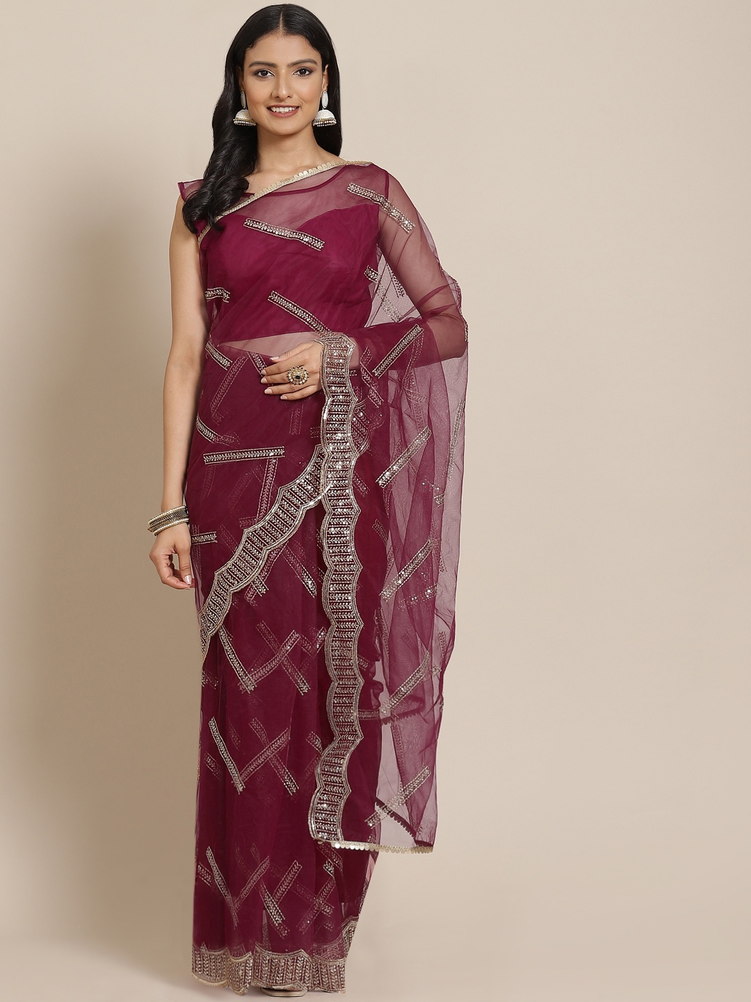 

heemara Burgundy & Golden Embellished Sequinned Net Saree