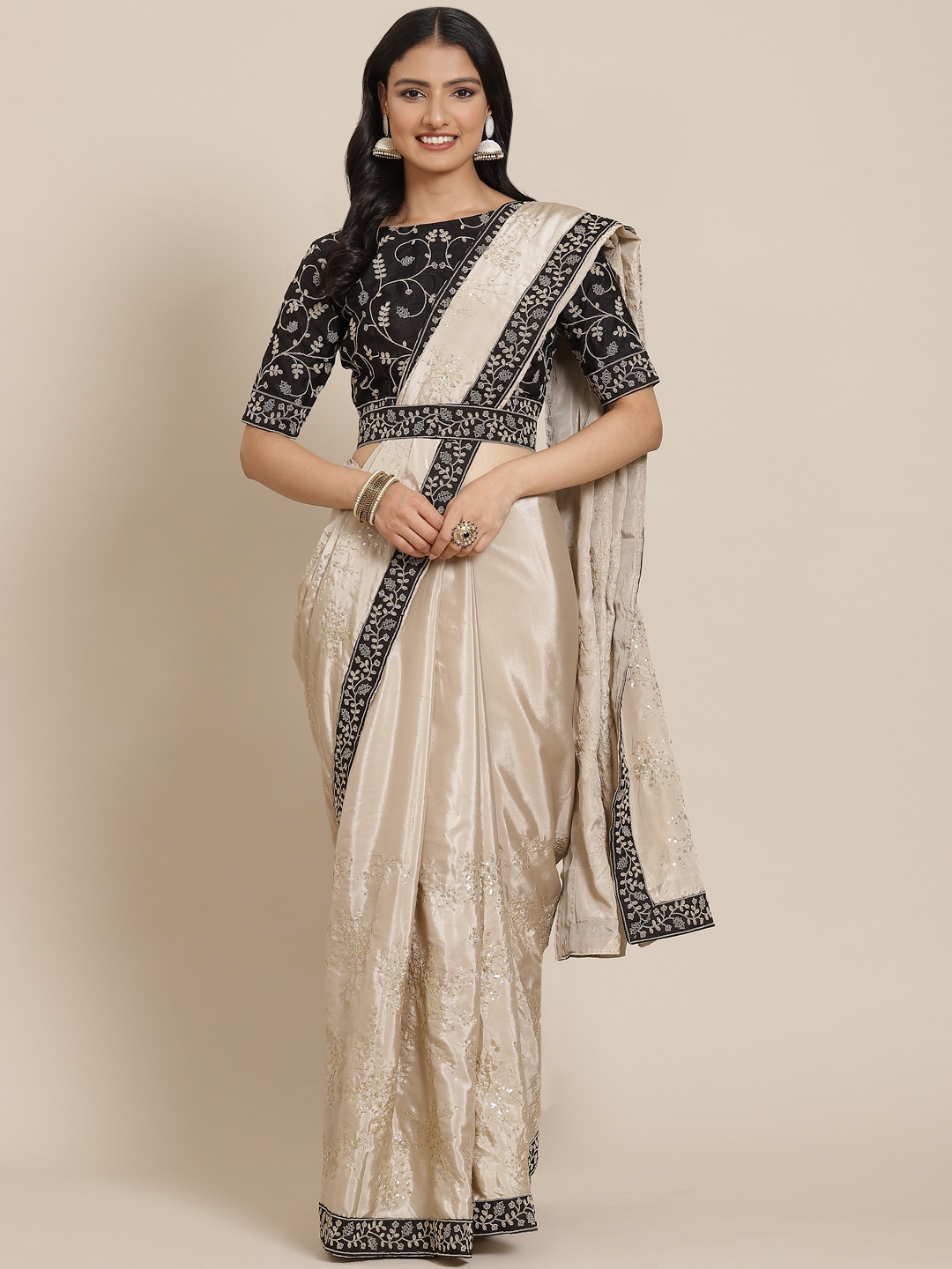 heemara Beige & Golden Ethnic Motifs Embroidered Saree