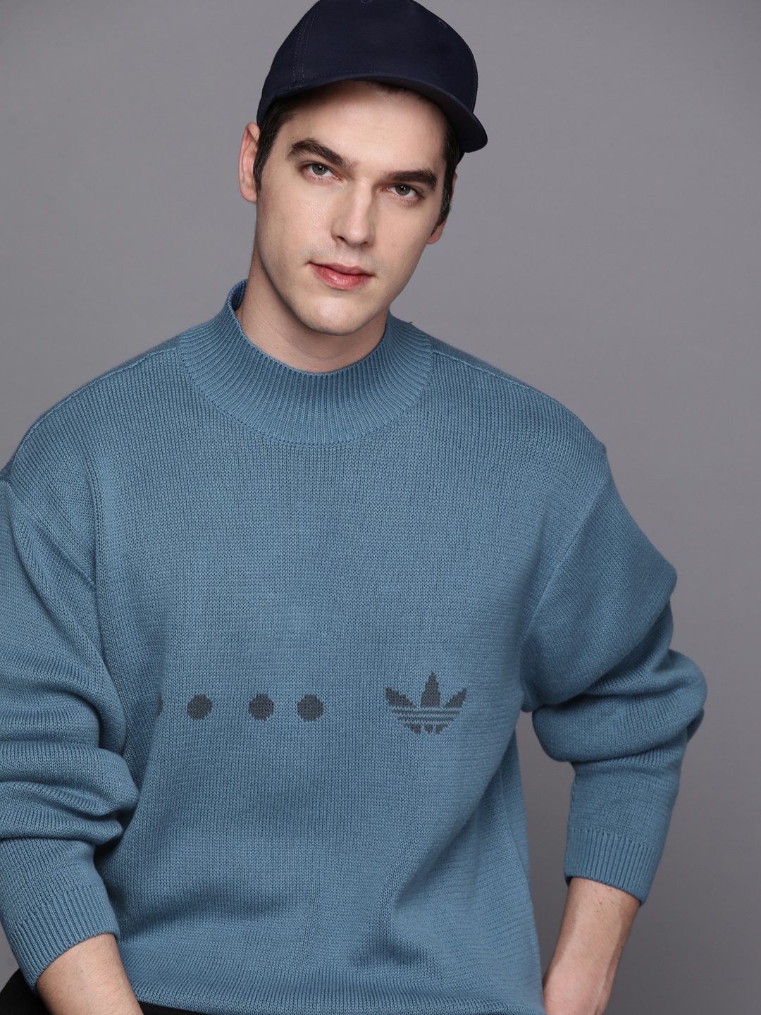 

ADIDAS Originals Men Blue Zip Knitted Pure Cotton Solid Pullover Sweater