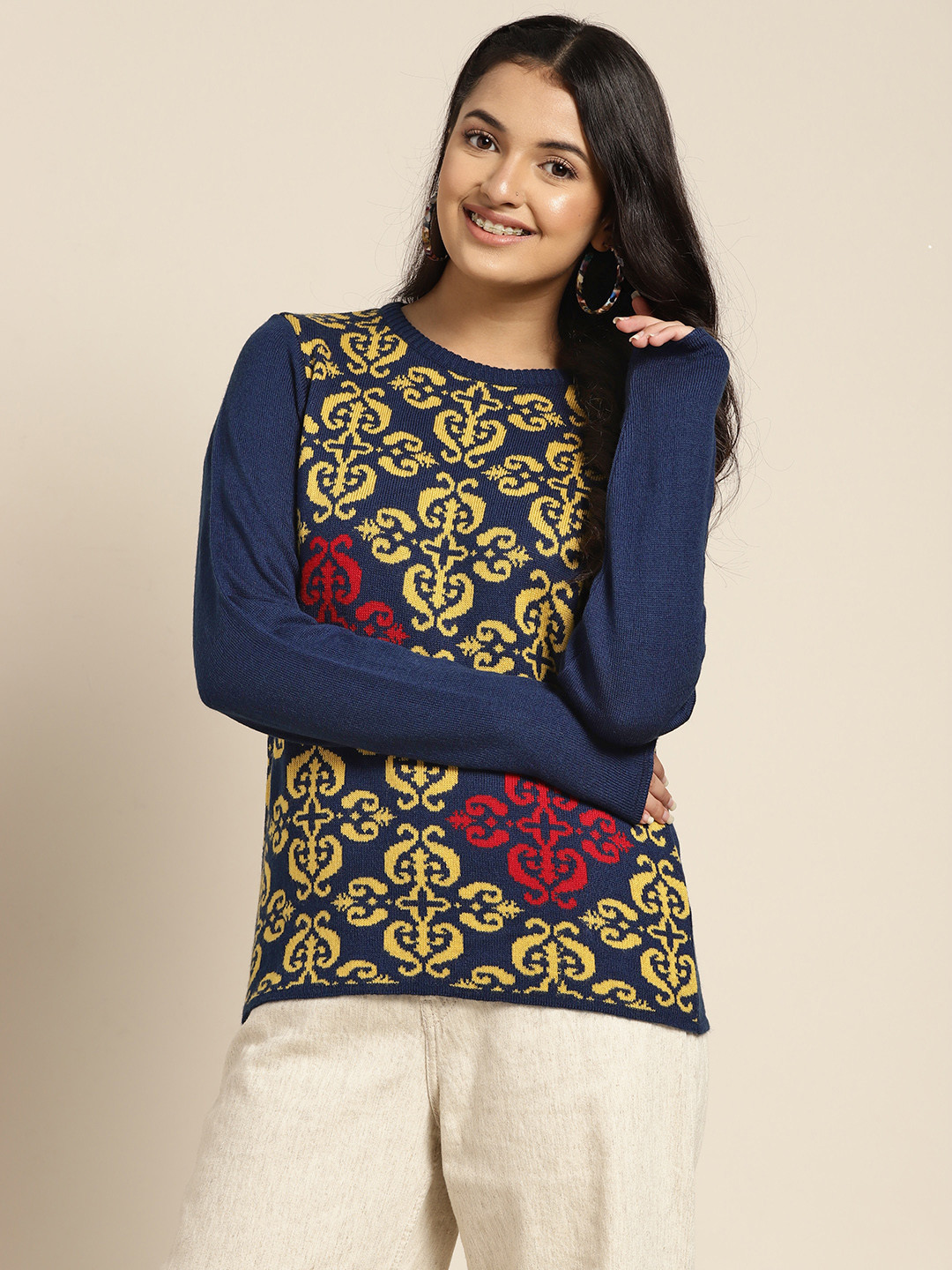 

Sangria Girls Navy Blue & Yellow Ethnic Motif Print Pullover