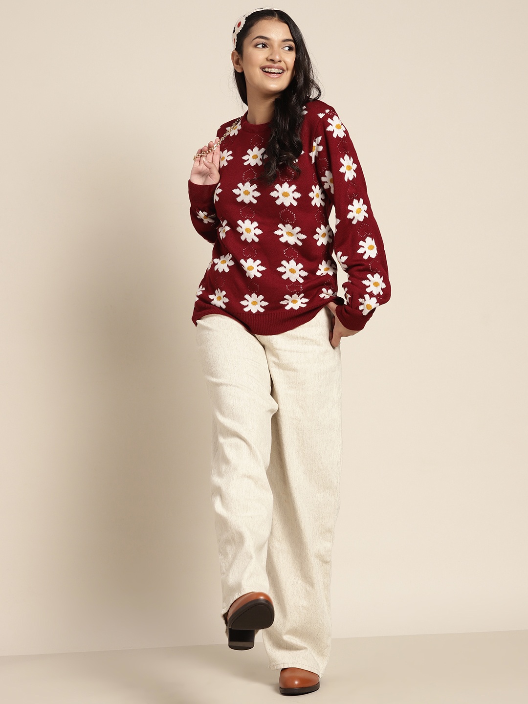 

Sangria Girls Maroon & White Floral Printed Pullover