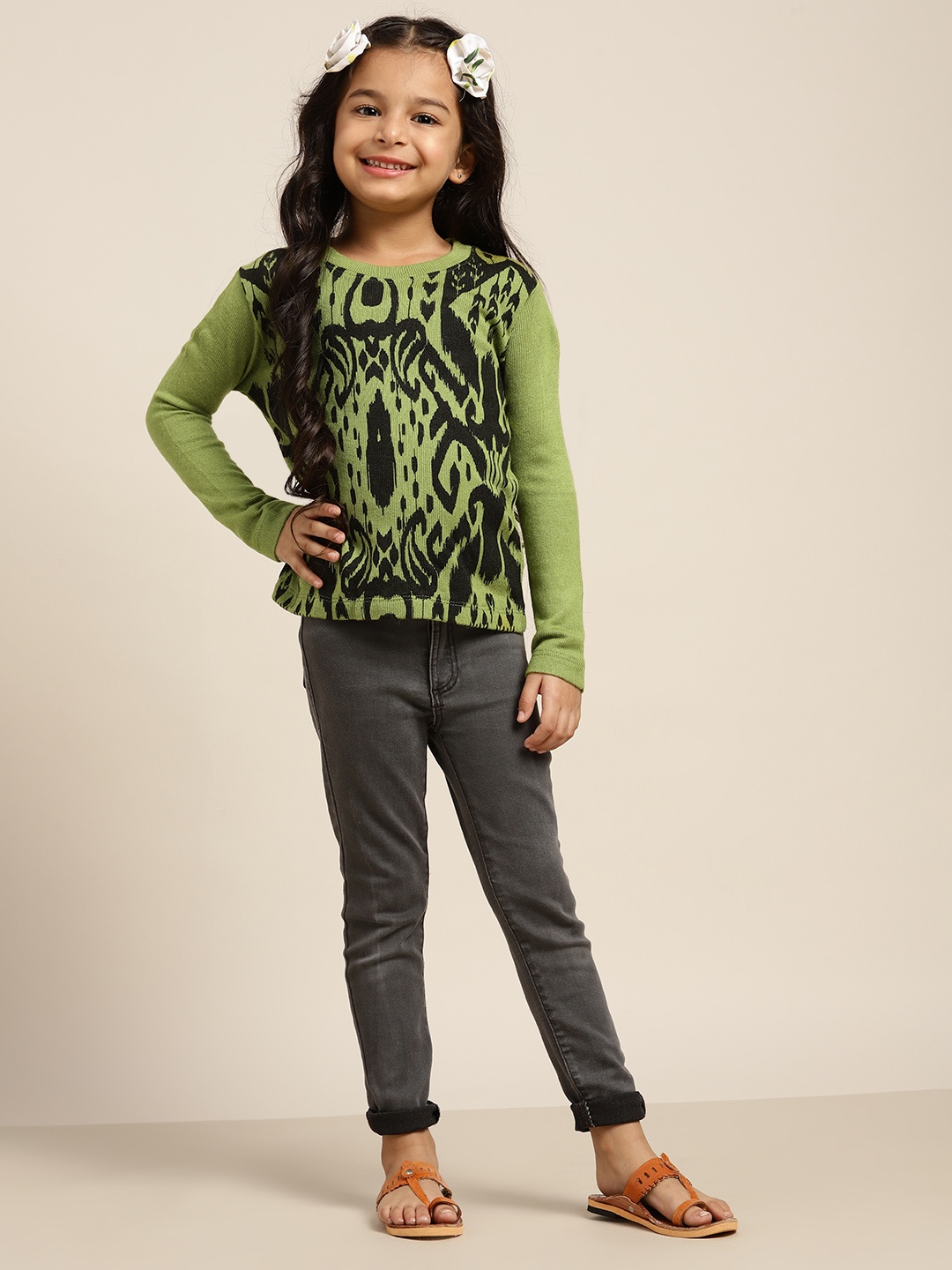 

Sangria Girls Green & Black Ethnic Motifs Patterned Pullover