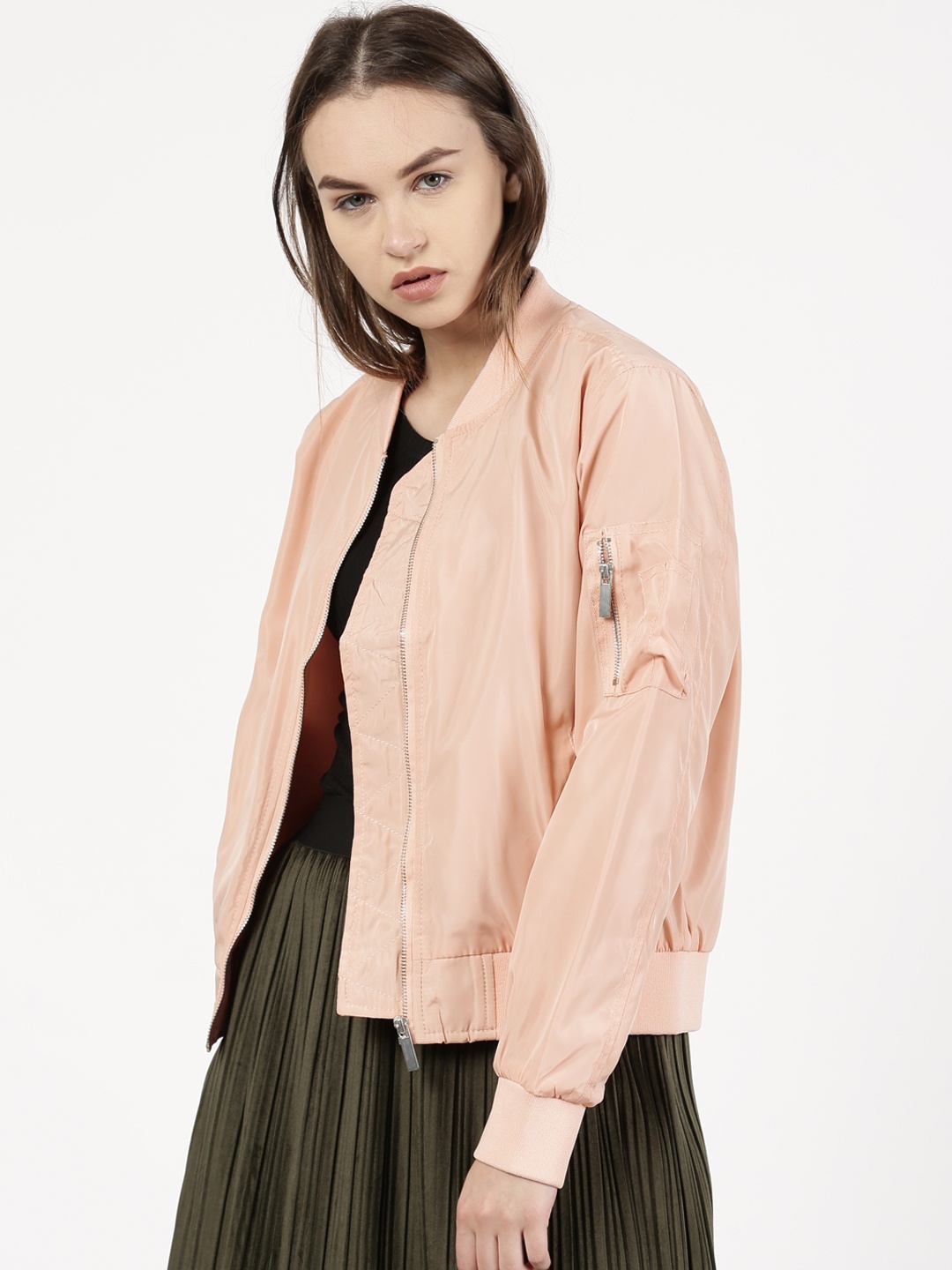 

ether Women Peach-Coloured Solid Bomber