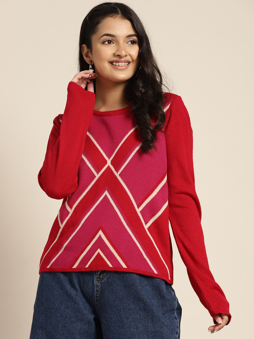 

Sangria Teen Girls Red & Pink Geometric Patterned Pullover