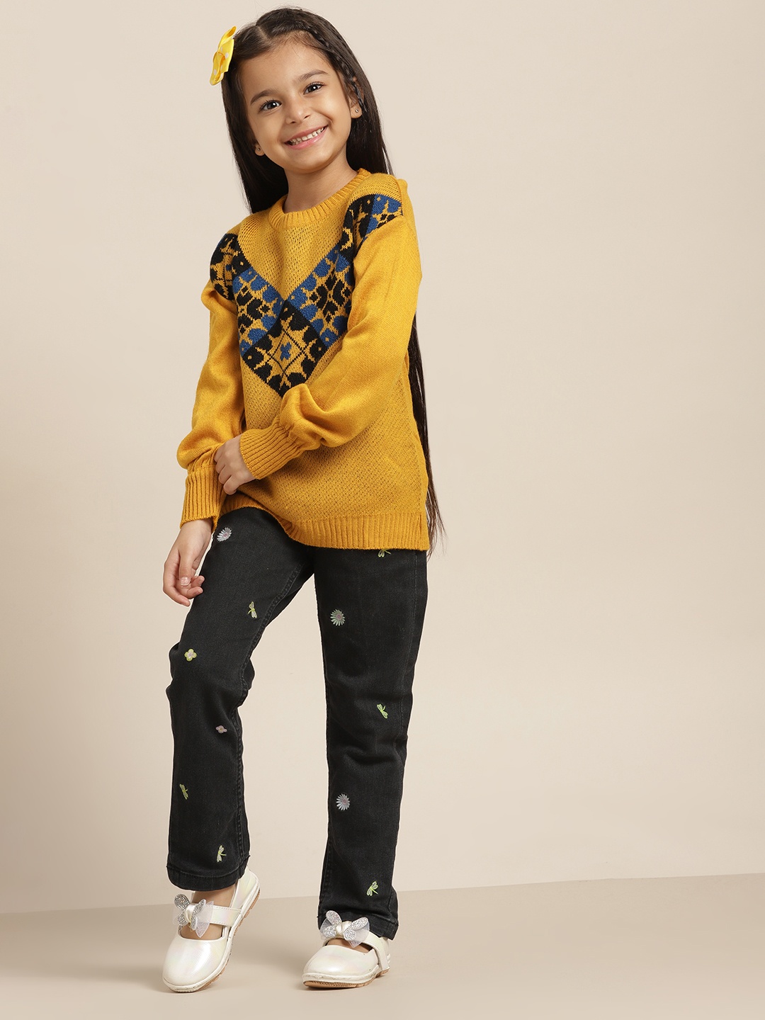 

Sangria Girls Mustard & Blue Geometric Print Pullover