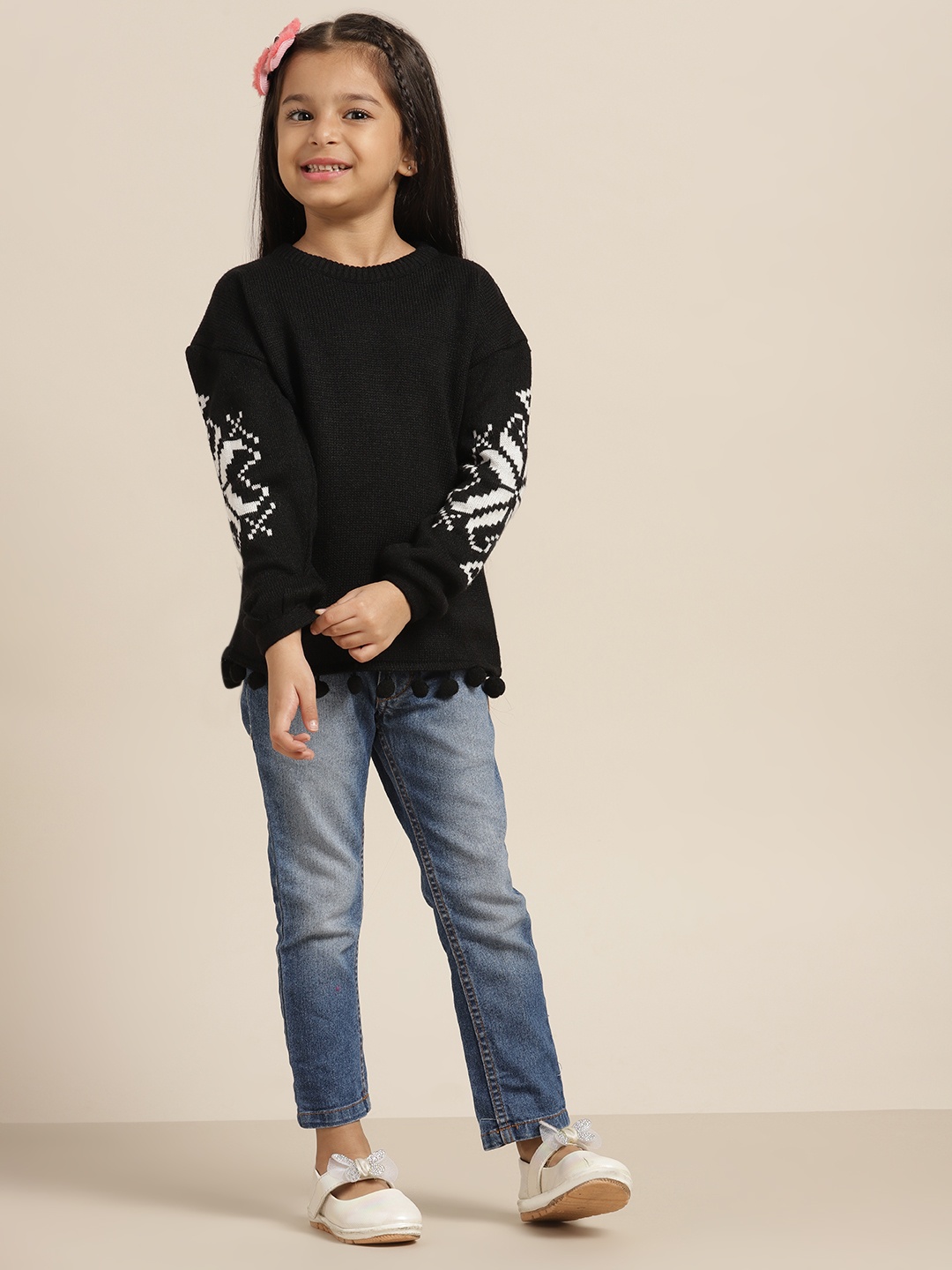 

Sangria Girls Black White Solid Round Neck Pullover with Pom-Pom Hem