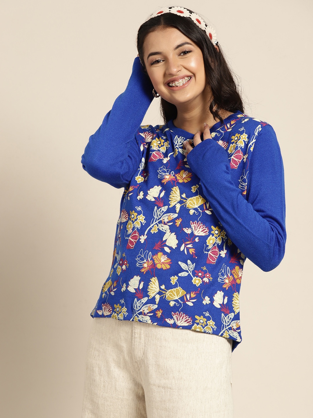 

Sangria Girls Blue & White Floral Printed Pullover