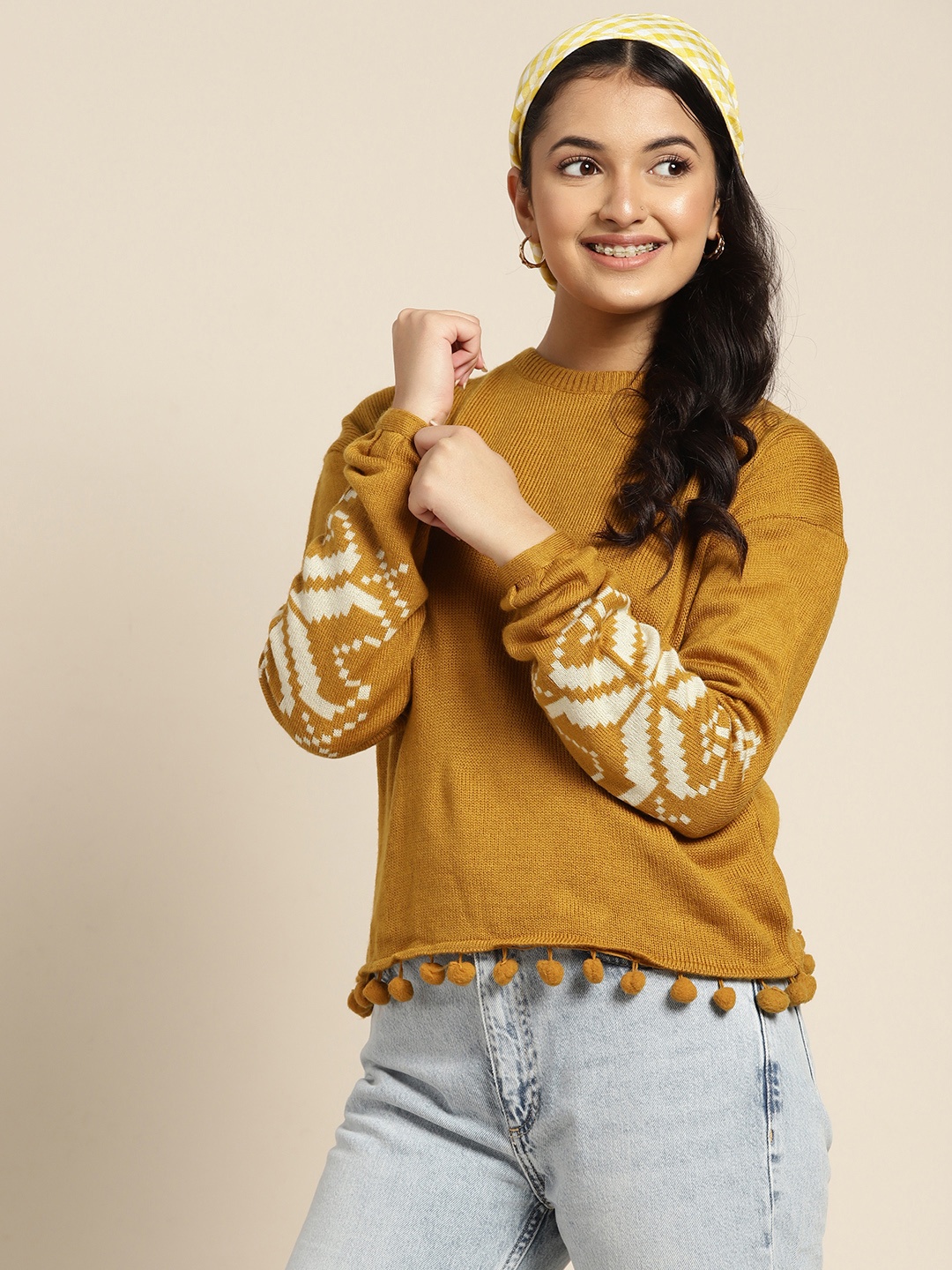 

Sangria Teen Girls Mustard & Off White Solid Pullover with Pom-Pom Fringed Hem Detail