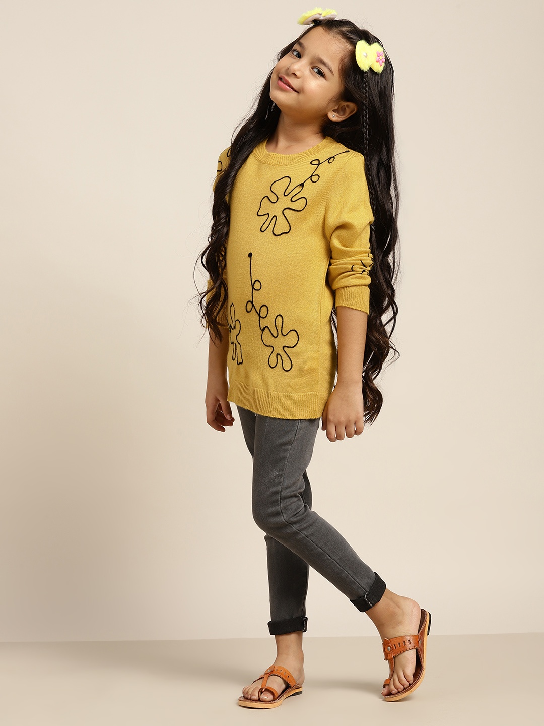 

Sangria Girls Yellow Floral Embroidered Pullover Sweater