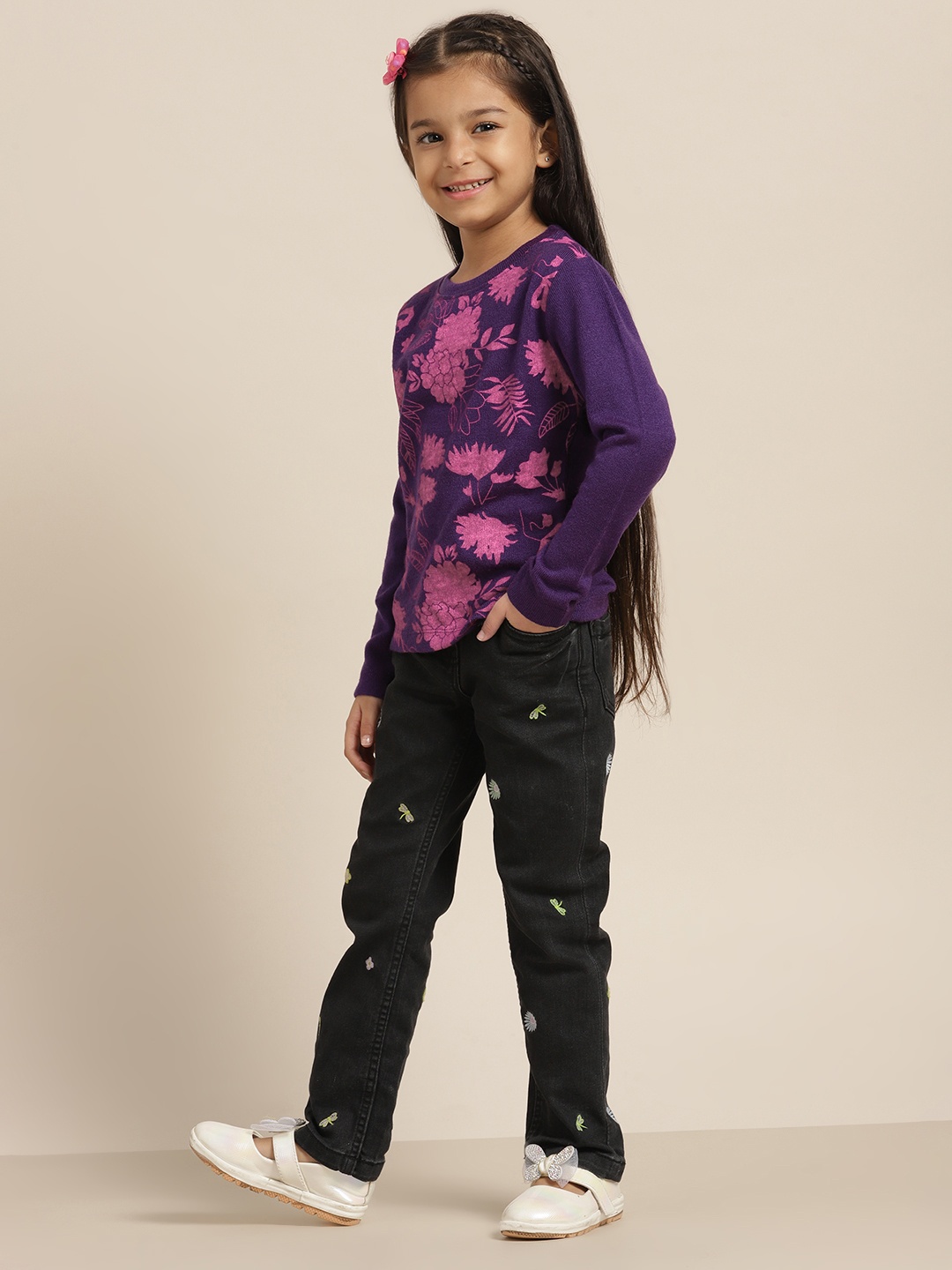 

Sangria Girls Purple Floral Printed Pullover