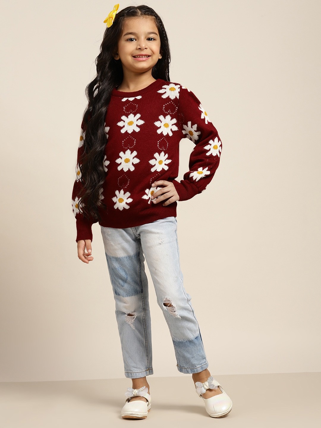 

Sangria Girls Maroon & White Floral Print Round Neck Top