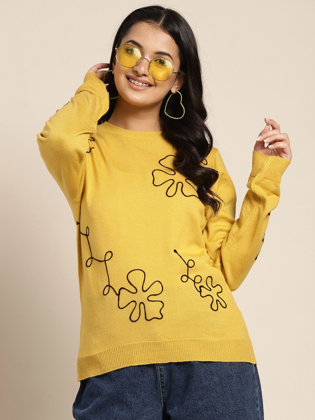 

Sangria Girls Yellow & Black Floral Print Round Neck Pullover