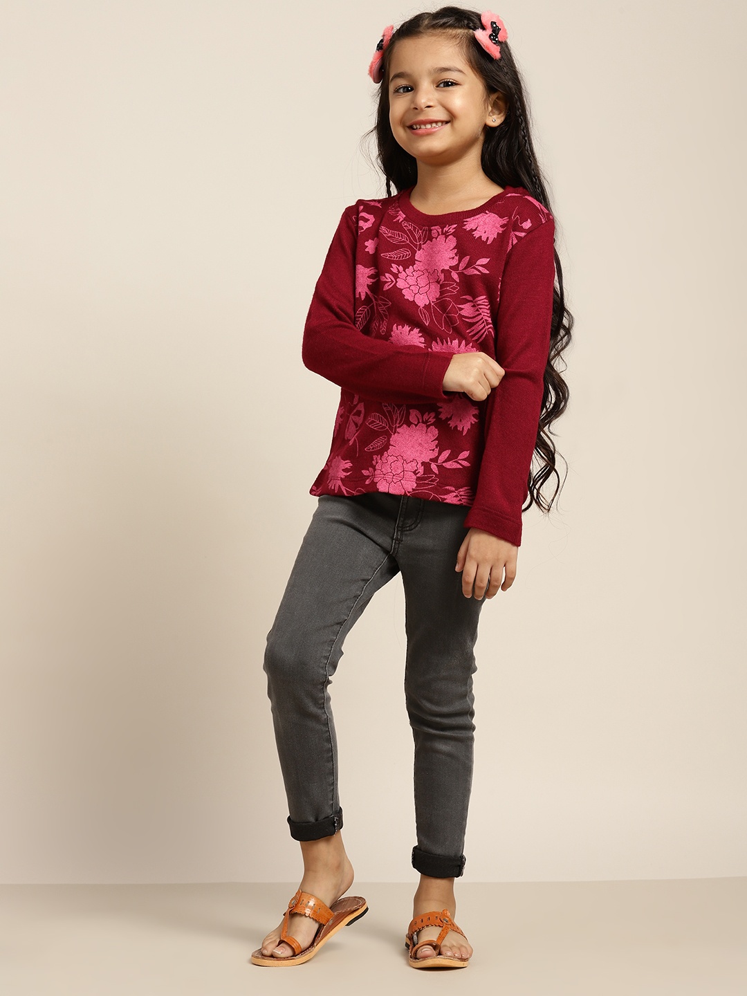 

Sangria Girls Maroon Floral Printed Pullover