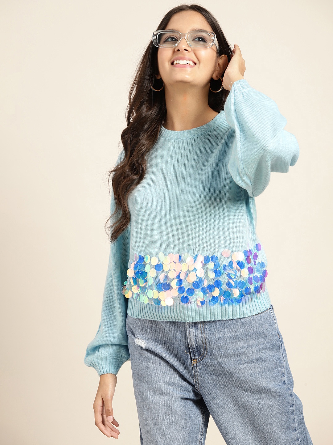 

Sangria Girls Pullover with Embellished Detail, Blue
