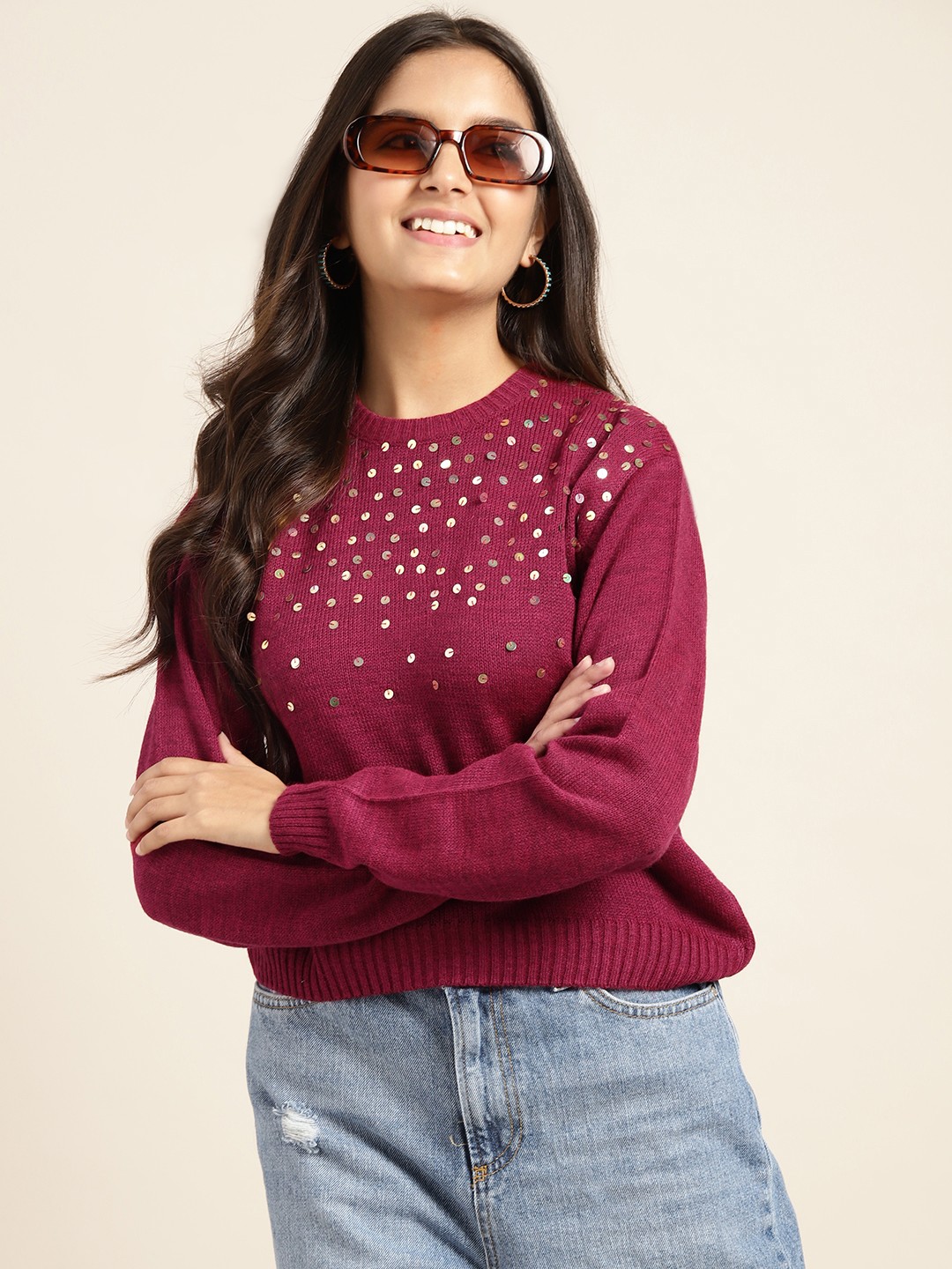 

Sangria Girls Maroon Solid Pullover with Sequinned Detail
