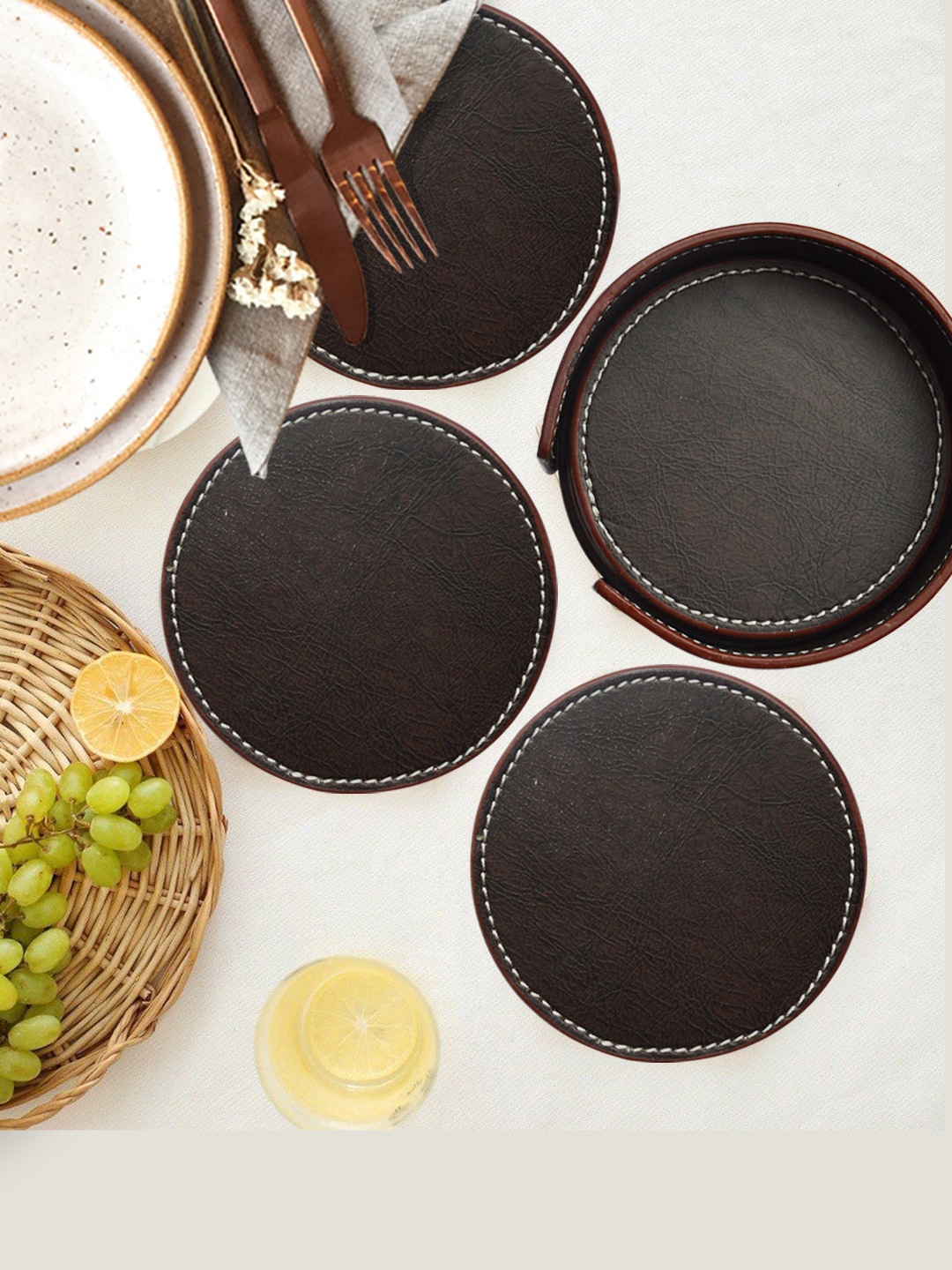 

Tranquil square Set of 6 Brown Leather Round Coasters