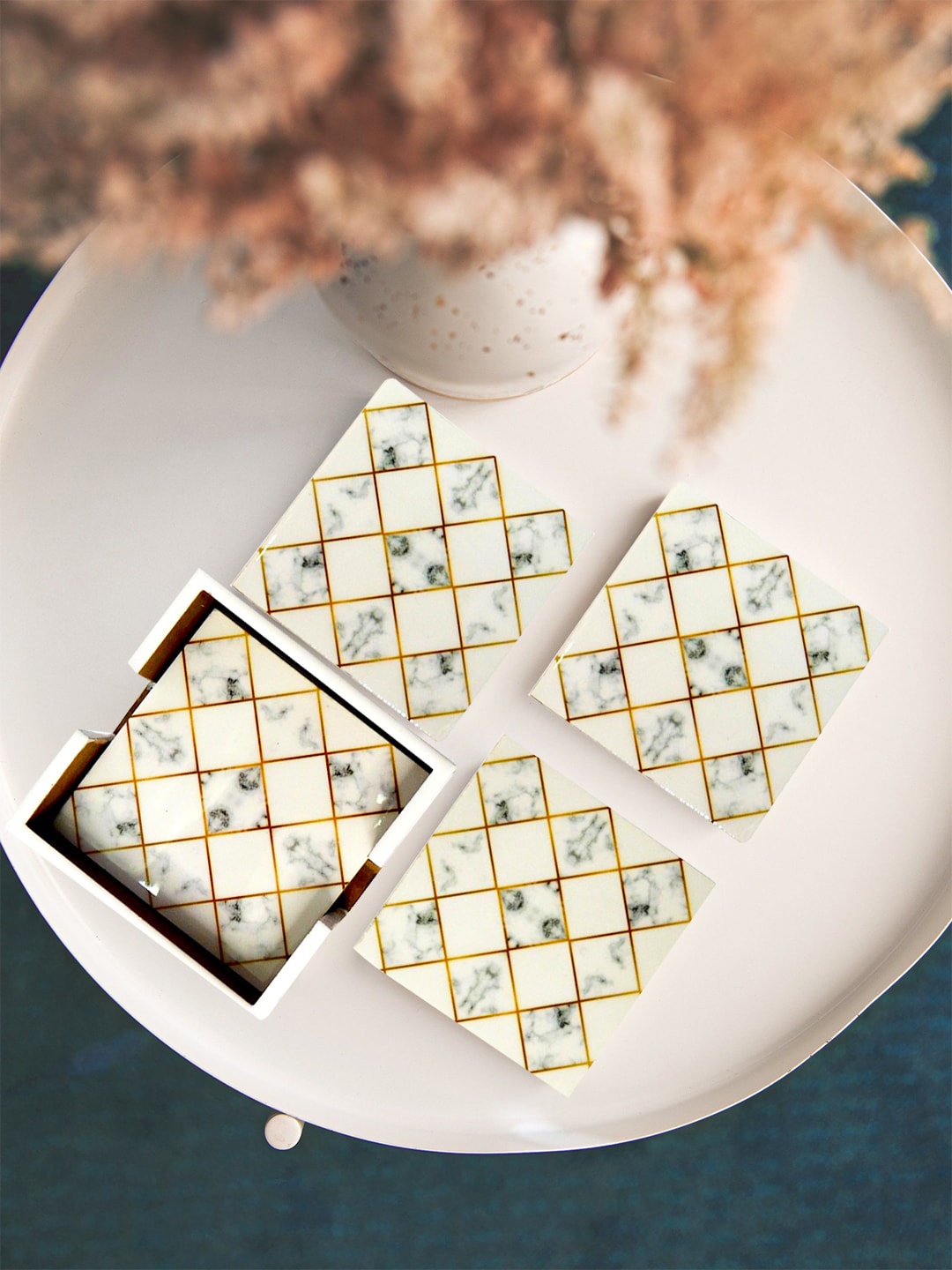 

Tranquil Unisex square Set Of 6 Printed Wooden Coasters, White