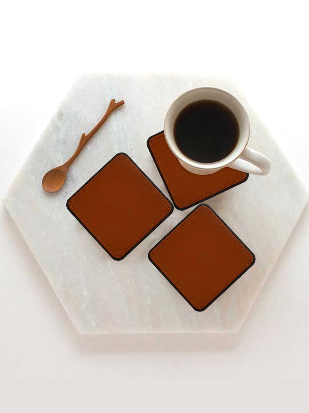 

Tranquil square Set Of 6 Tan Colored Matte Leaather Coasters