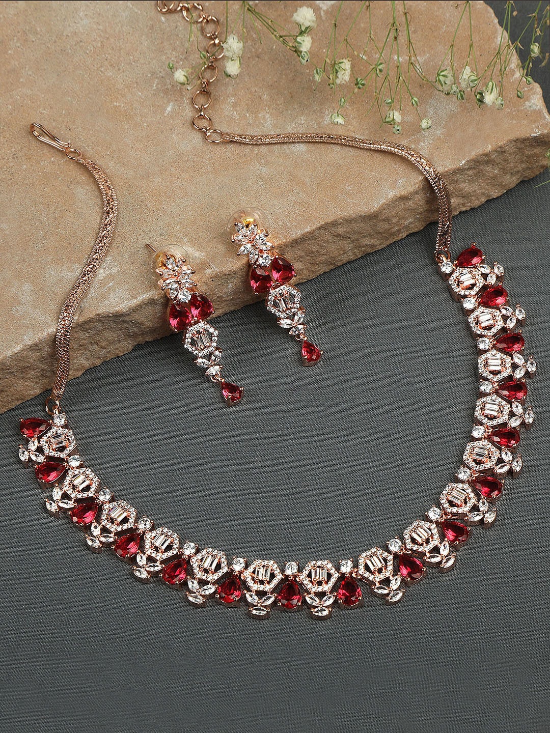 

AccessHer Women Rose Gold-Plated Red & White AD-Studded Jewellery Set