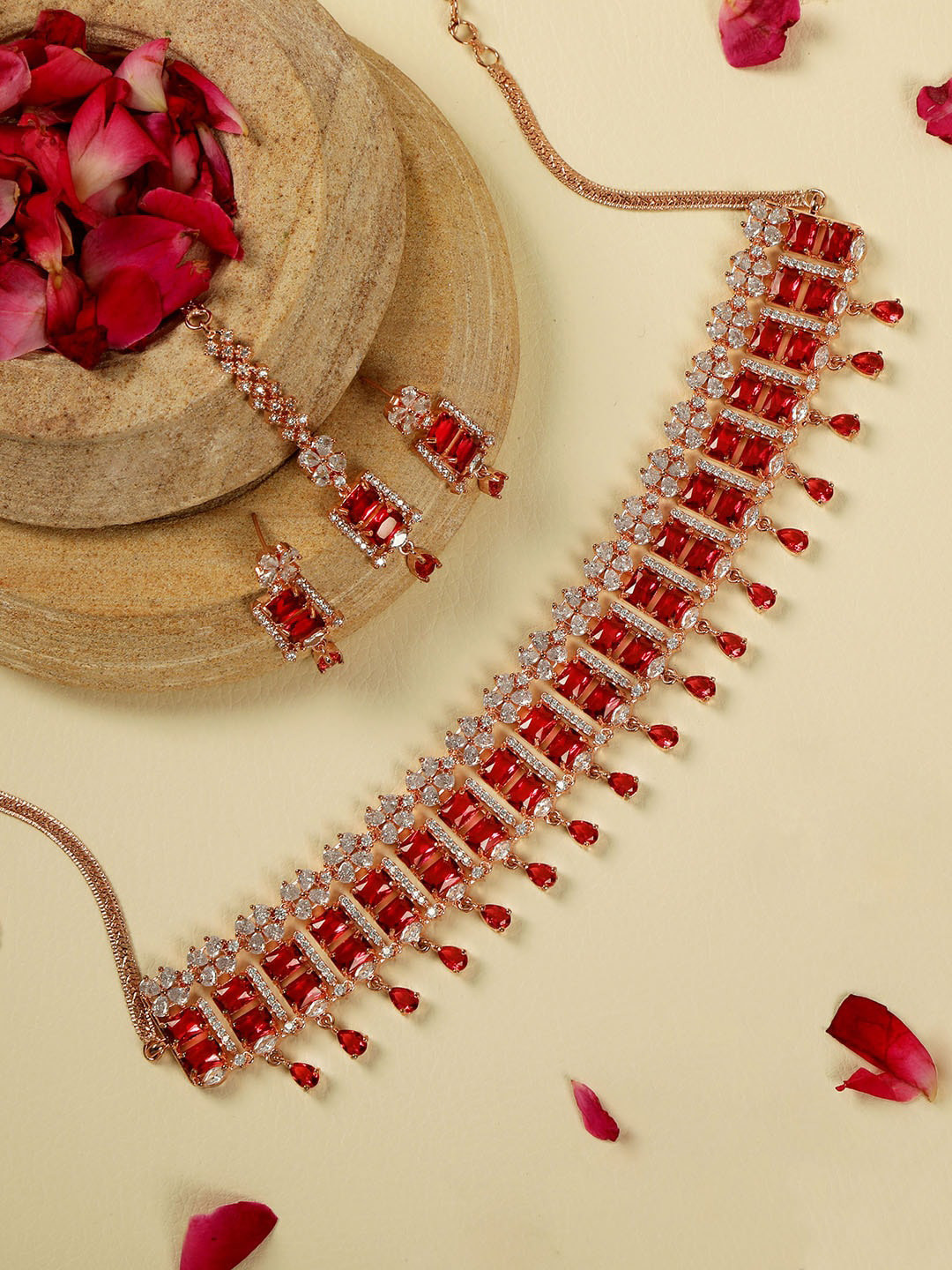 

AccessHer Rose Gold Plated Red American Diamond Studded Necklace Set