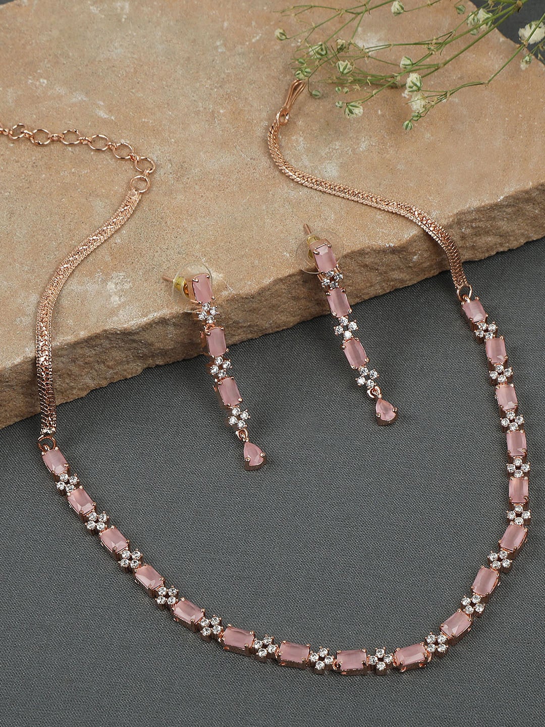 

AccessHer Pink Rose Gold-Plated AD studded Jewellery Set