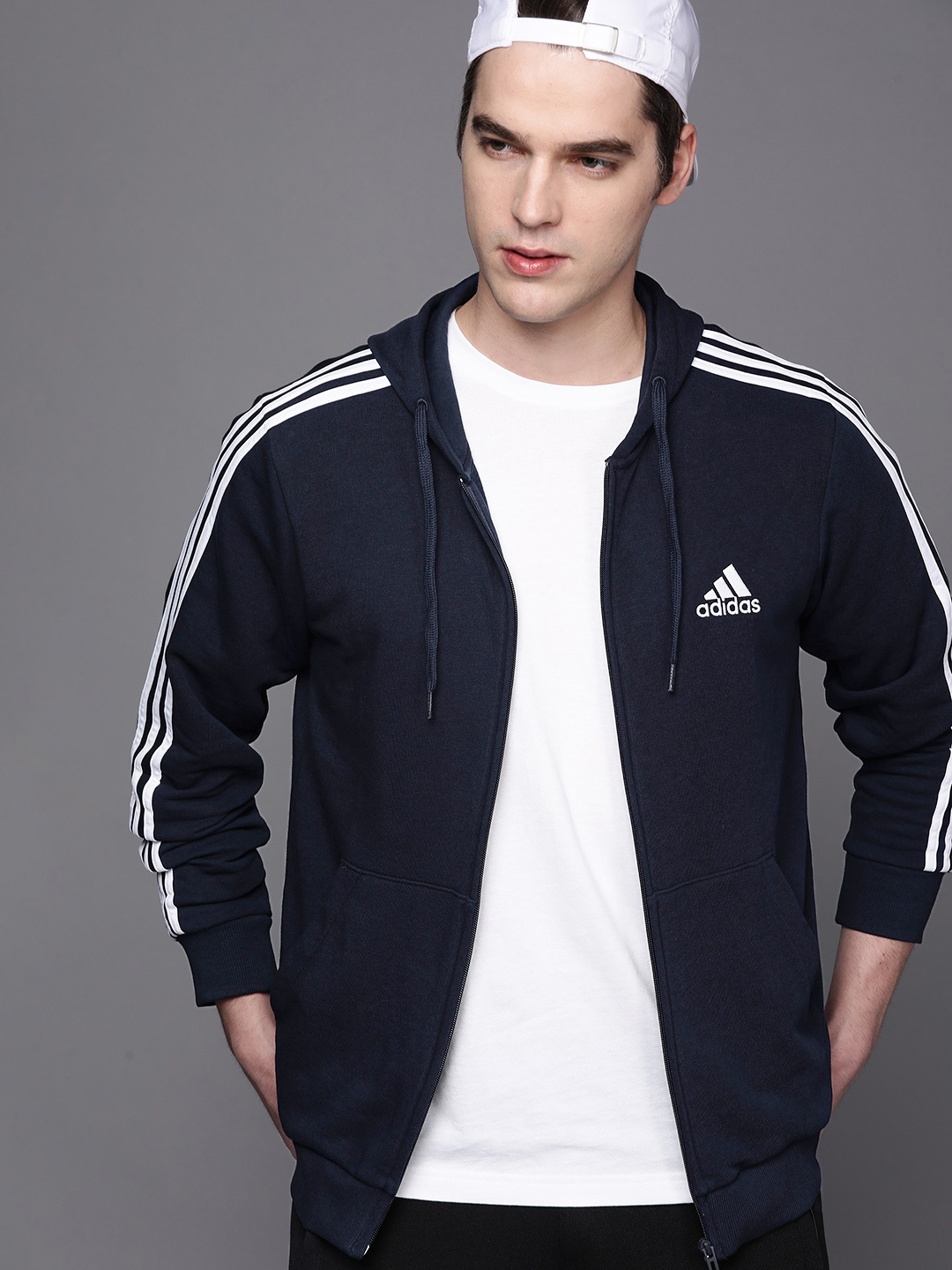 

ADIDAS Men Navy Blue & White 3-Stripes FT Full-Zip Hoodie