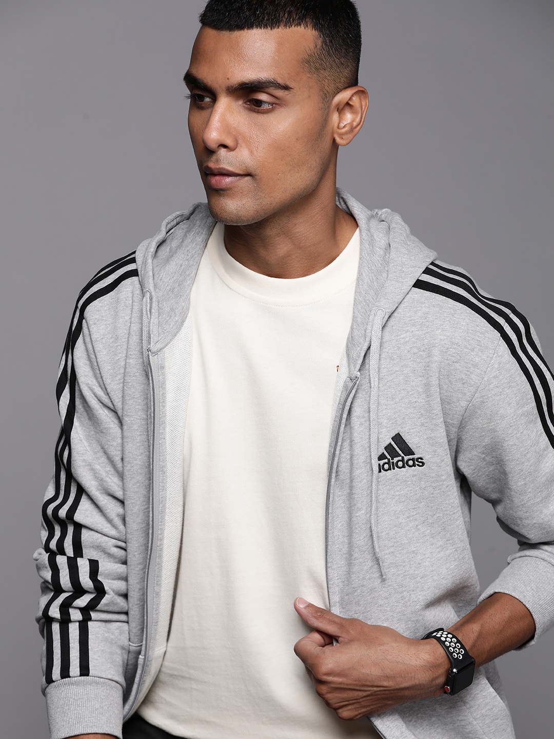 

ADIDAS Men Grey Melange Training or Gym Sporty Jacket M 3S FT FZ HD