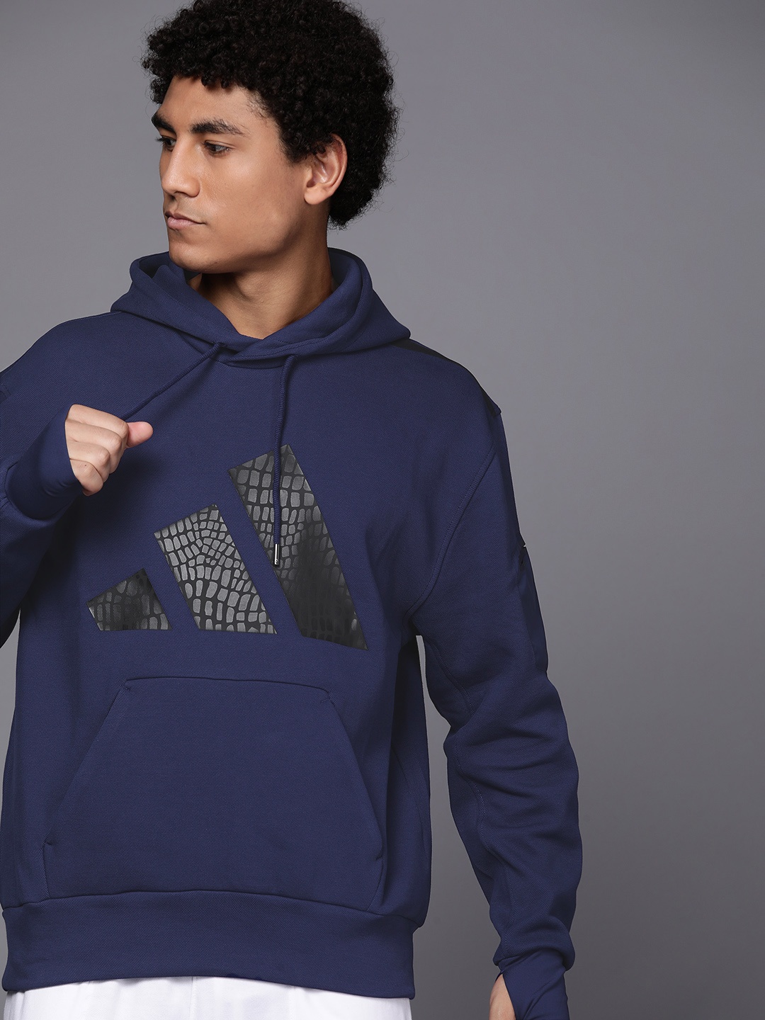 

ADIDAS Men Navy Blue BOA Cover Up Printed Hooded Training Sweatshirt