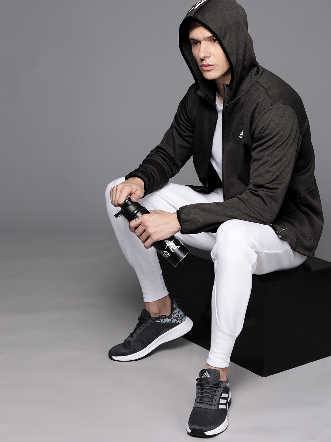 

ADIDAS T365 FZ Melange Effect Fleece Training Hooded Sweatshirt, Black