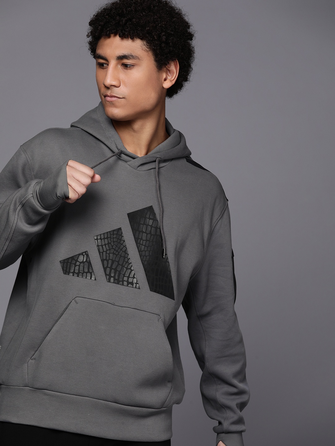 

ADIDAS Men Charcoal Grey BOA Cover Up Printed Hooded Training Sweatshirt