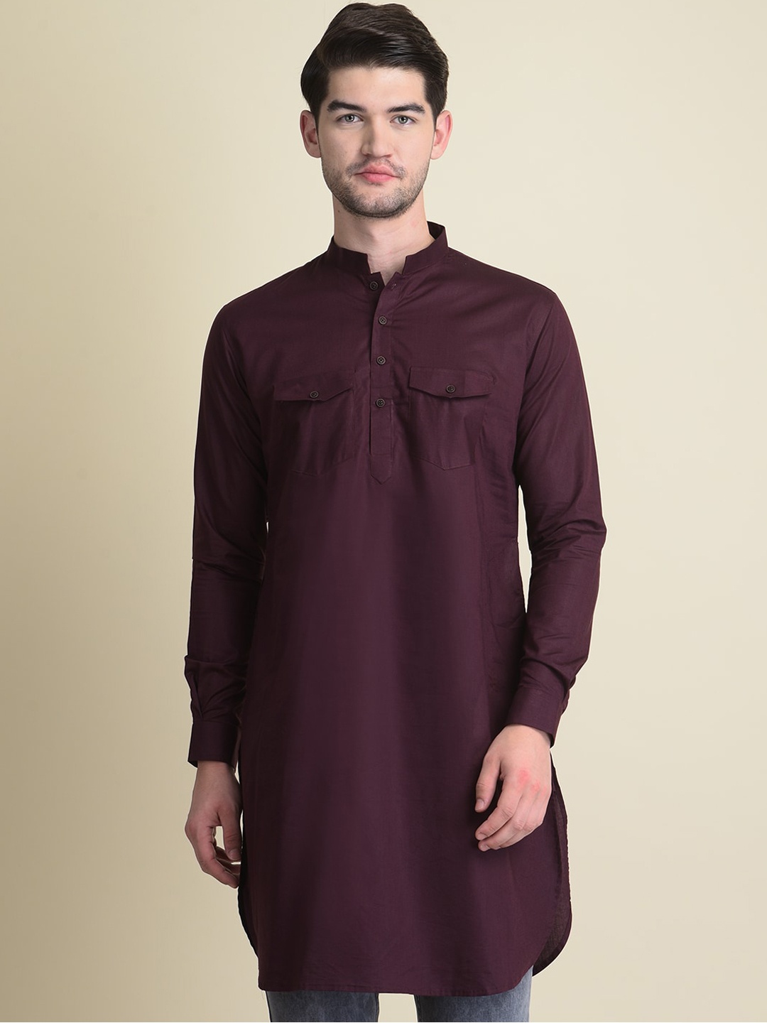 

NAMASKAR Men Red Cotton Solid Kurta