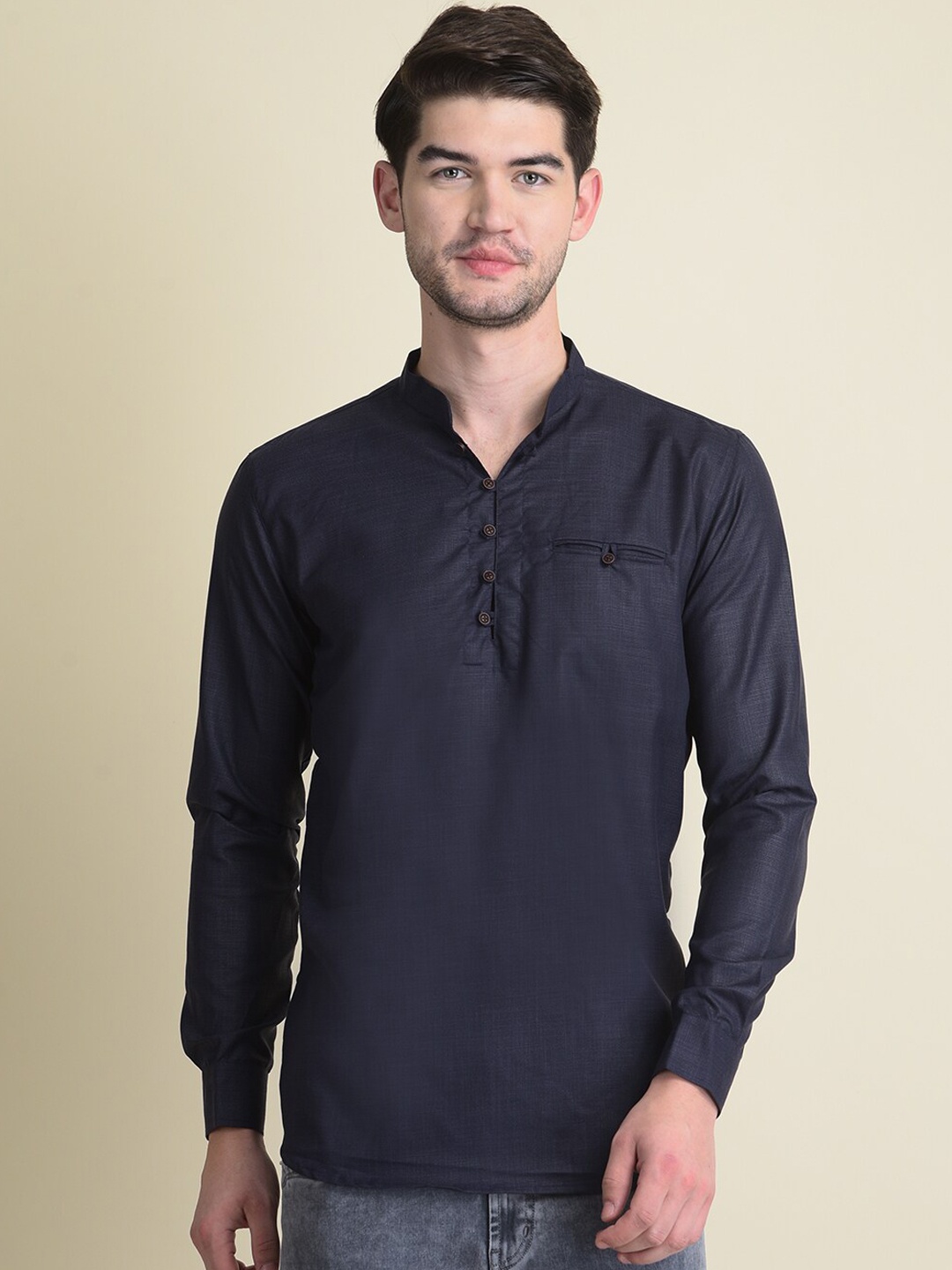 

NAMASKAR Men Navy Blue Cotton Solid Kurta