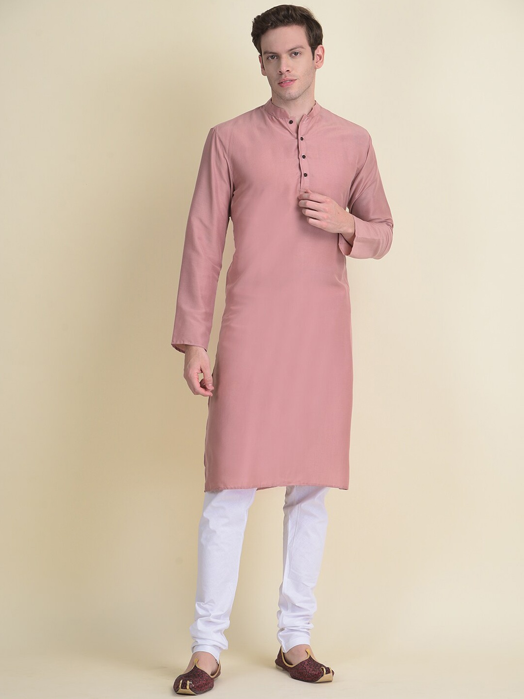 

NAMASKAR Men Peach-Coloured Thread Work Kurta