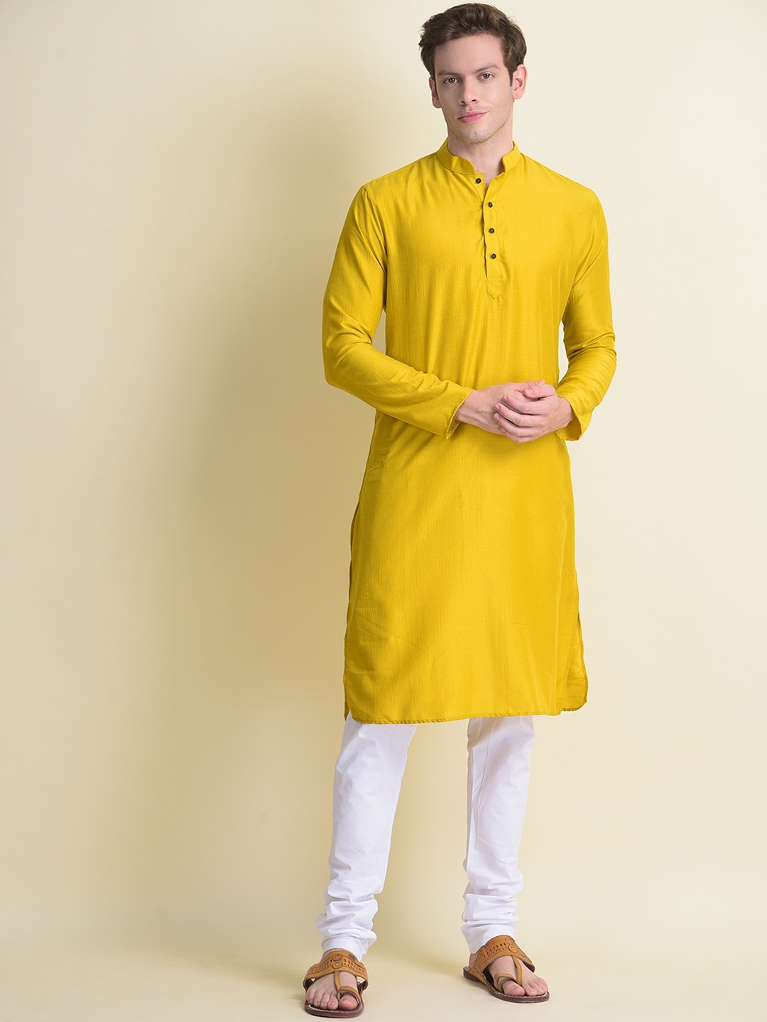 

NAMASKAR Men Yellow Rayon Solid Kurta