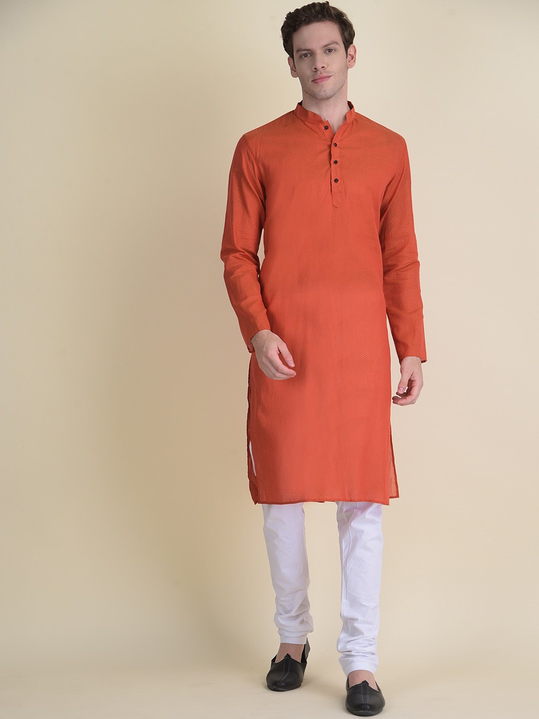 

NAMASKAR Men Orange Self Design Cotton Kurta