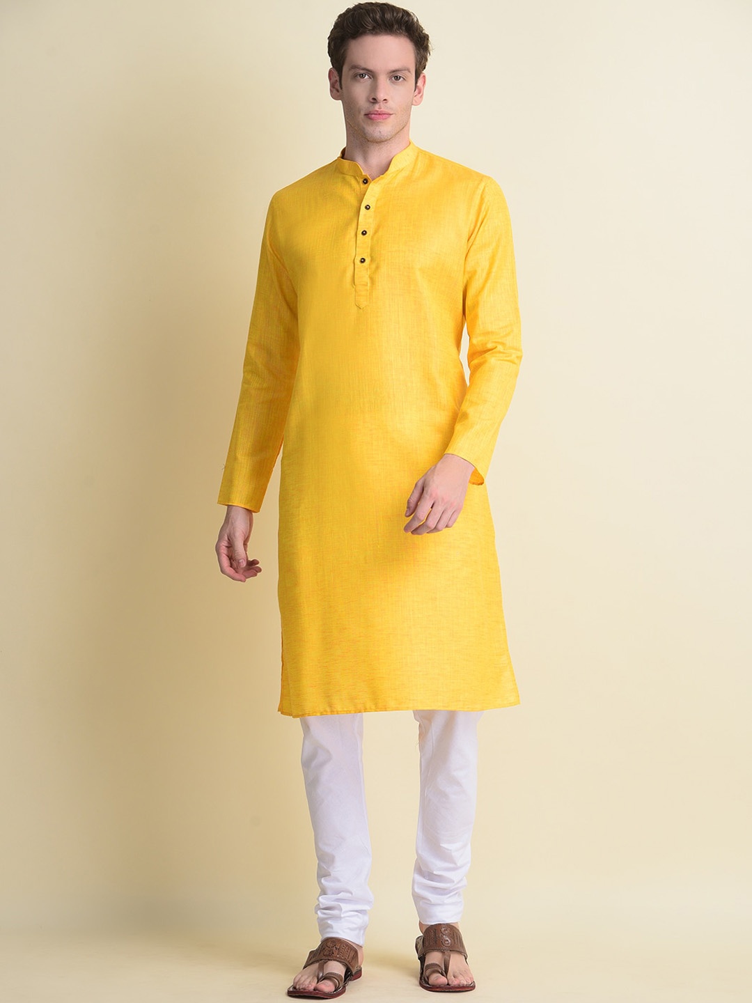 

NAMASKAR Men Yellow Cotton Linen Solid Kurta
