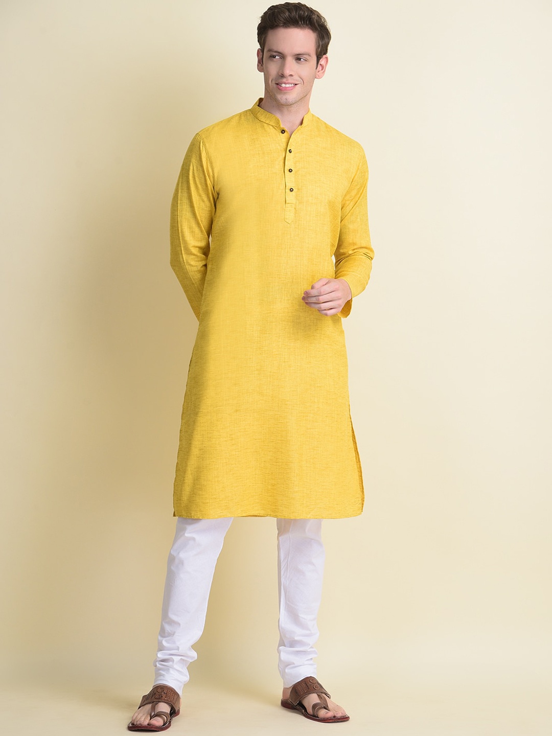 

NAMASKAR Men Yellow Cotton Linen Solid Kurta