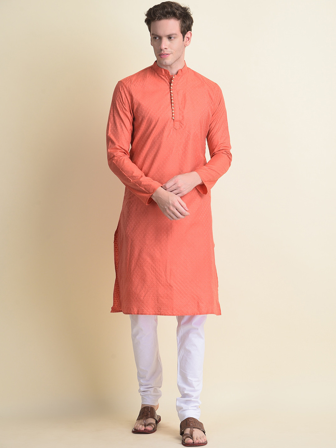 

NAMASKAR Men Orange Cotton Printed Kurta
