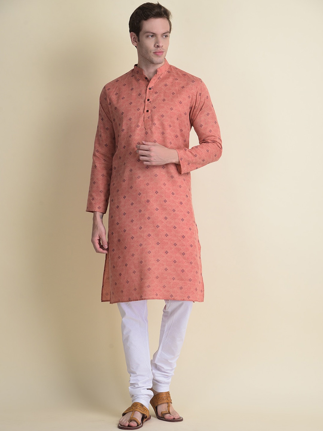 

NAMASKAR Men Peach-Coloured Printed Cotton Kurta