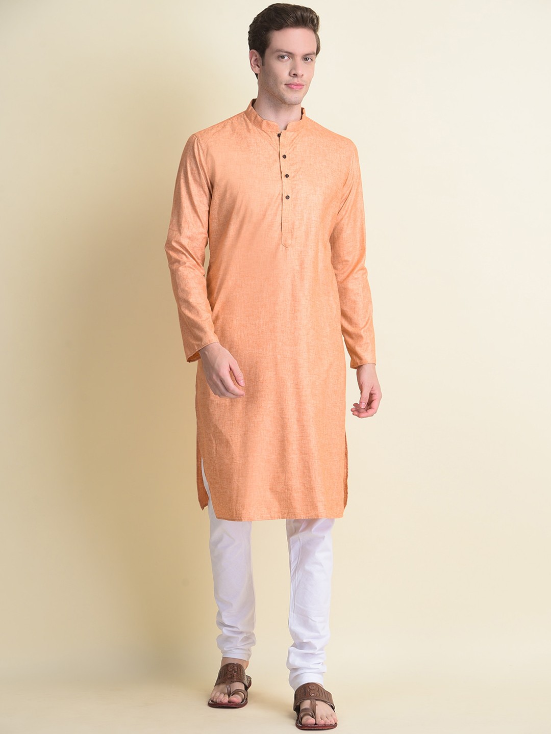 

NAMASKAR Men Orange Solid Pure Cotton Kurta