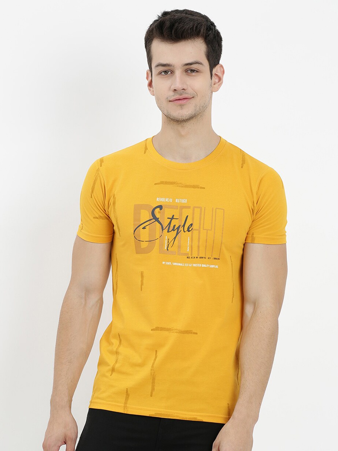 

V2 Value & Variety Men Mustard Yellow Typography Printed T-shirt