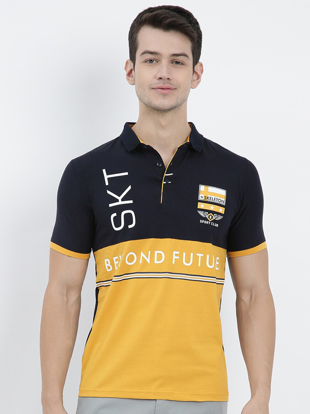 

V2 Value & Variety Men Blue Typography Colourblocked Mandarin Collar Applique T-shirt