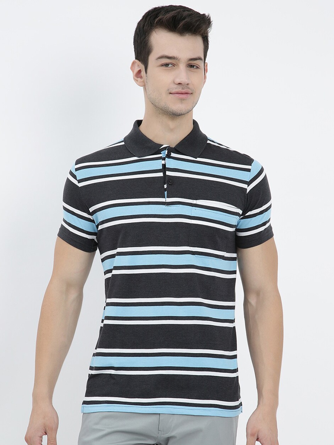 

V2 Value & Variety Men Black Striped Polo Collar T-shirt