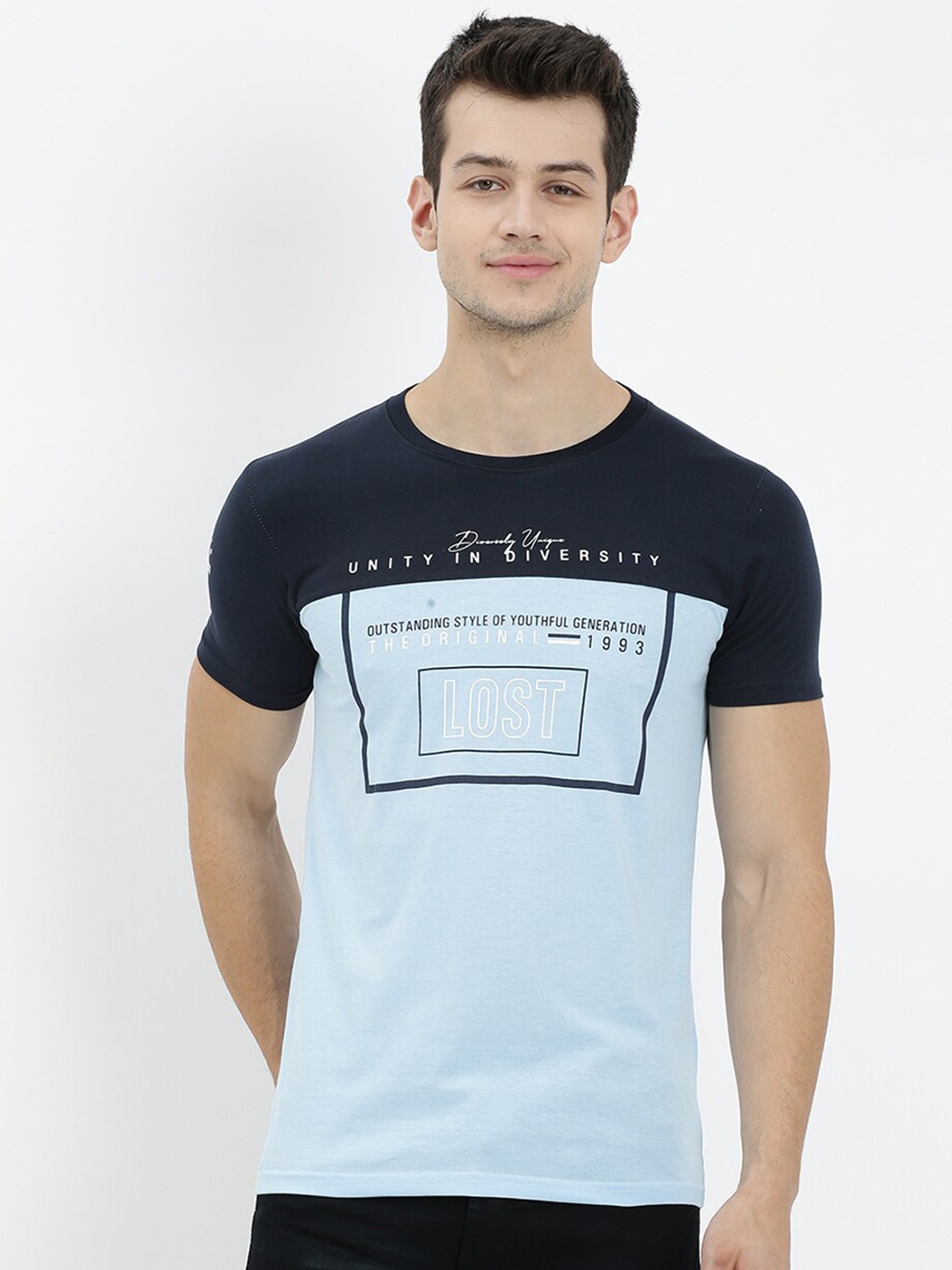 

V2 Value & Variety Men Blue Typography Colourblocked T-shirt